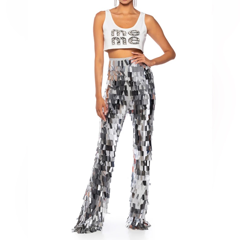 AKIRA Silver Metallic Sequin Flare Disco Pants